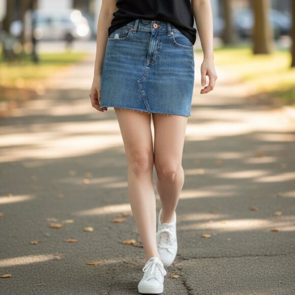 American Eagle Outfitters Next Level Stretch Hi-Rise Mini Skirt In Medium Wash - Picture 1 of 4